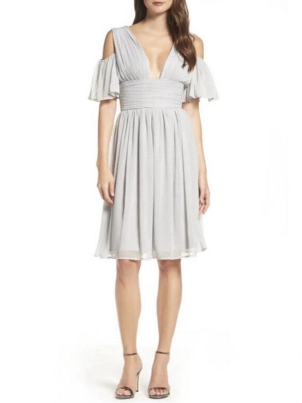 French Connection Constance Party Dress Size 6 Grey Chiffon Plunge Neckline NWT